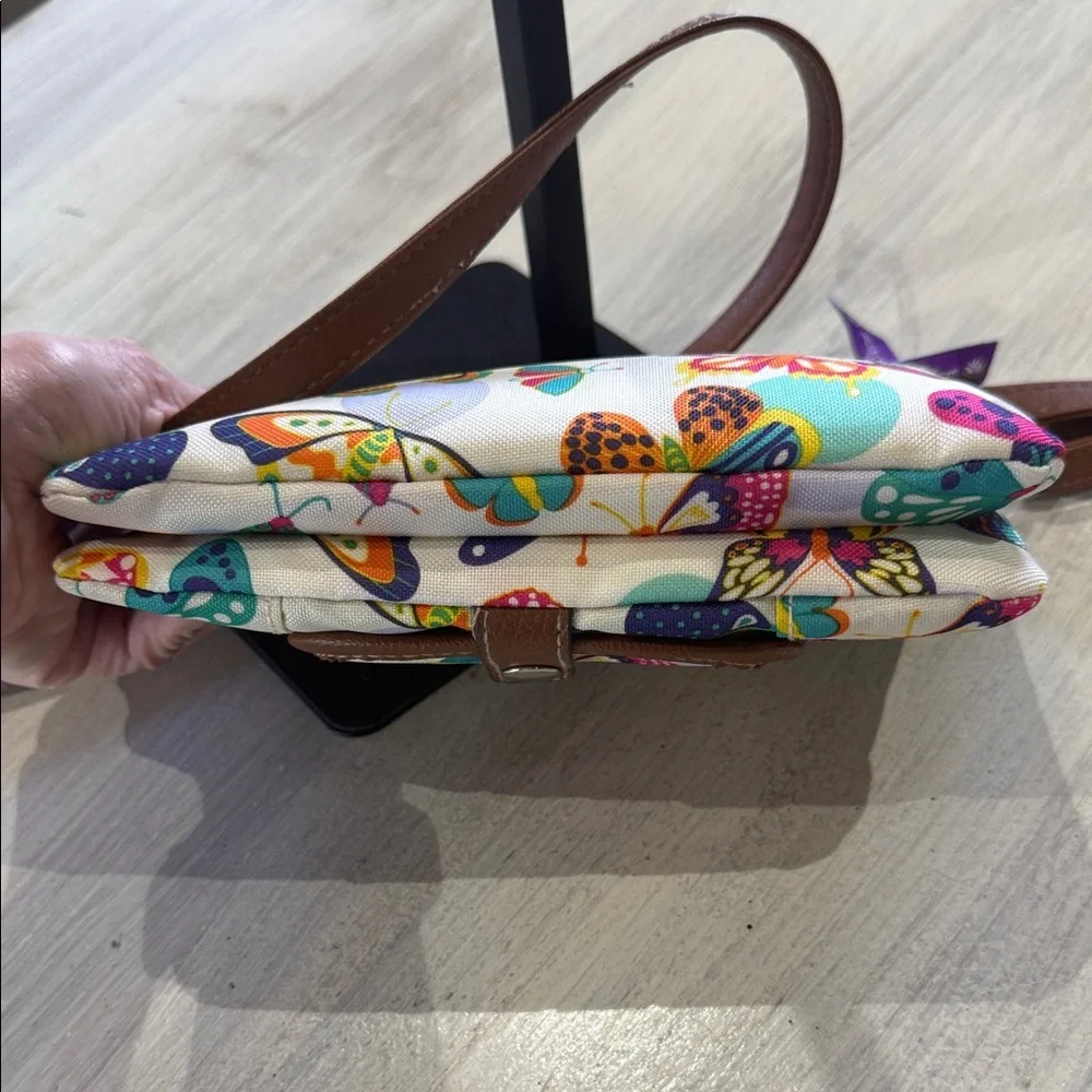 Lily Bloom Cream Crossbody Bag with Multicolor Butterfly Print and Brown Trim - Picture 8 of 12